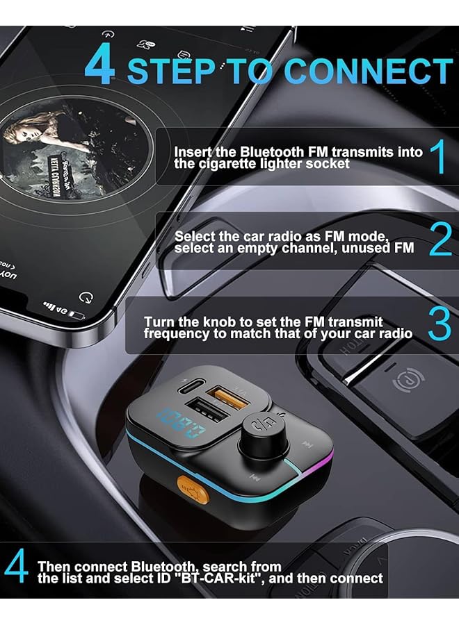 SYOSI Bluetooth Car Adapter, Fm Bluetooth Transmitter Car Radio, Car Bluetooth Transmitter Pd + Qc Quick Charge, 8 Rgb Led, 3 Usb Ports, Handsfree Calls, Bluetooth 5.0, Supports Tf Card And U-Disk - Image 4