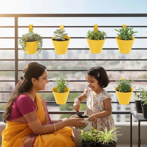 Go Hooked Plastic Hanging Planter for Plants, Vertical Gardens, Modern Living, Greenery, Compact Living Spaces, Railing Flower Pots, Pot Diameter (22 cm), Pot Height (17 cm) (Set of 5) (Yellow) - Image 4