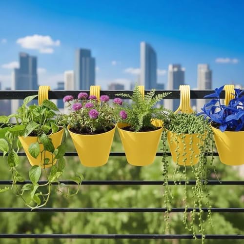 Go Hooked Plastic Hanging Planter for Plants, Vertical Gardens, Modern Living, Greenery, Compact Living Spaces, Railing Flower Pots, Pot Diameter (22 cm), Pot Height (17 cm) (Set of 5) (Yellow) - Image 1