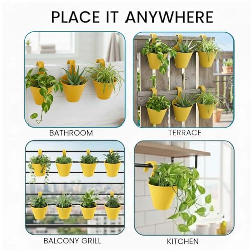 Go Hooked Plastic Hanging Planter for Plants, Vertical Gardens, Modern Living, Greenery, Compact Living Spaces, Railing Flower Pots, Pot Diameter (22 cm), Pot Height (17 cm) (Set of 5) (Yellow) - Image 3
