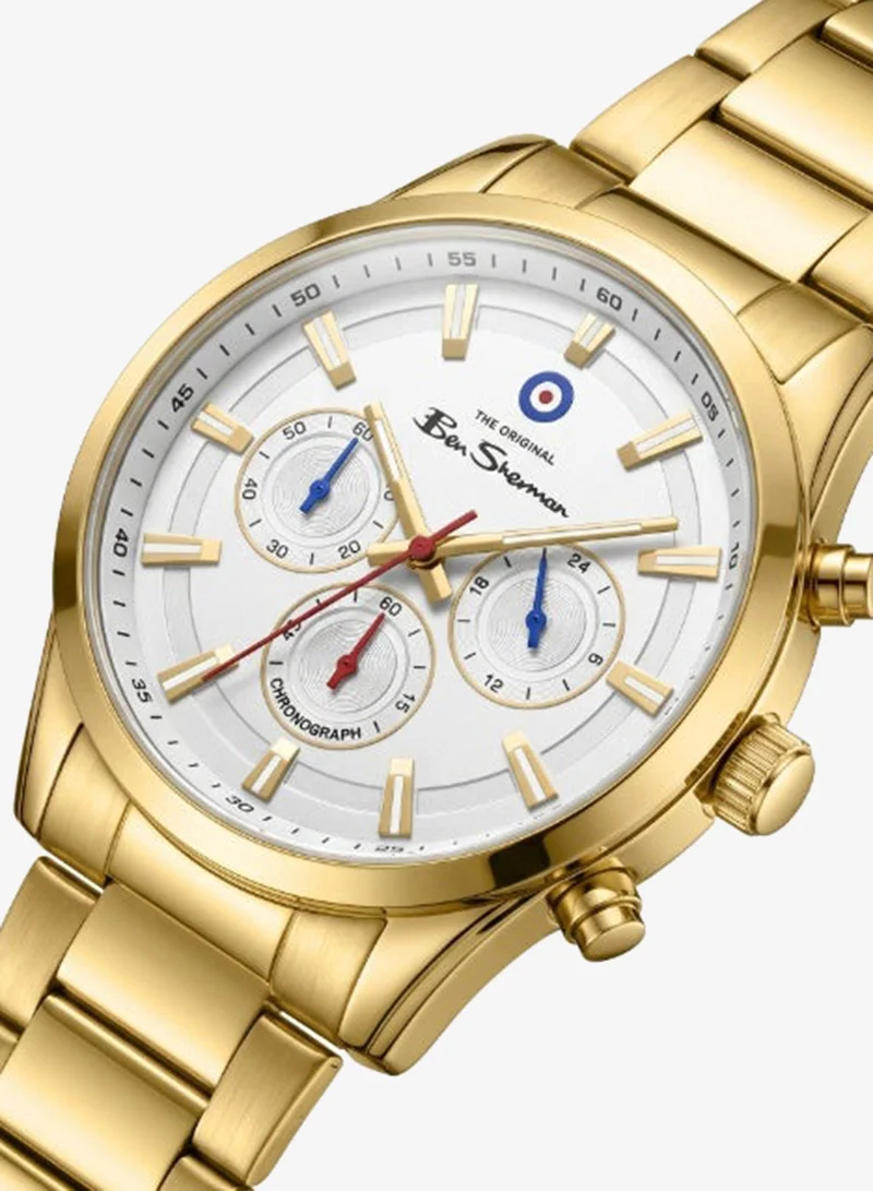 Ben Sherman Cambridge White Dial Gold Stainless Steel Bracelet Chronograph Watch for Men, 42mm