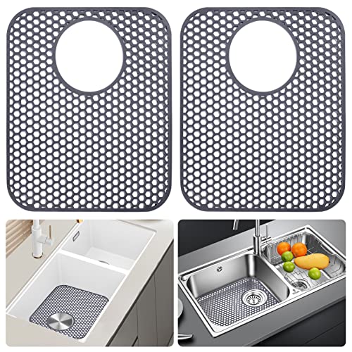LONGFITE Sink Protector Mats 2 Pcs Silicone Kitchen Sink Mat Draining Heat Proof Mat with Rear Center Drain (Rear Drain) - Image 1