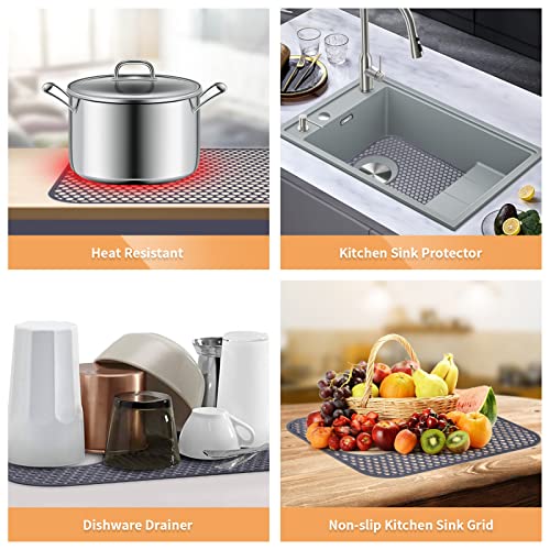 LONGFITE Sink Protector Mats 2 Pcs Silicone Kitchen Sink Mat Draining Heat Proof Mat with Rear Center Drain (Rear Drain) - Image 5