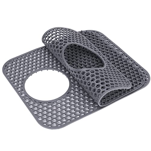 LONGFITE Sink Protector Mats 2 Pcs Silicone Kitchen Sink Mat Draining Heat Proof Mat with Rear Center Drain (Rear Drain) - Image 4
