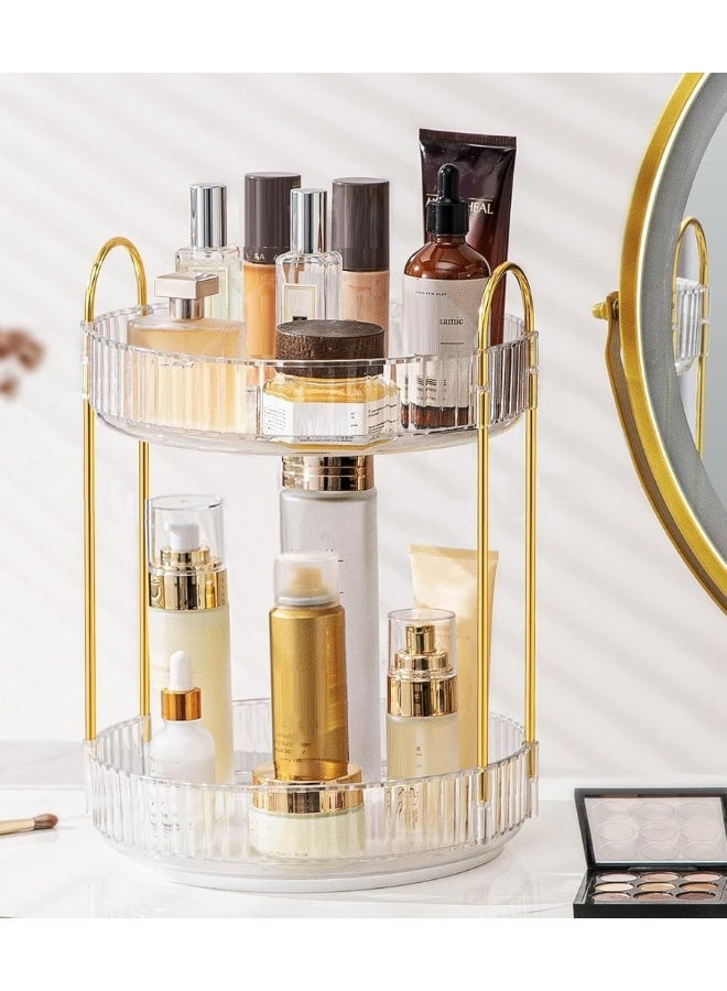 منظم مكياج لمستحضرات التجميل من طبقتين، حامل فرش مكياج دوار 360 درجة، منظم كبير للعناية بالبشرة، لوشن، أحمر شفاه - شفاف - Image 1
