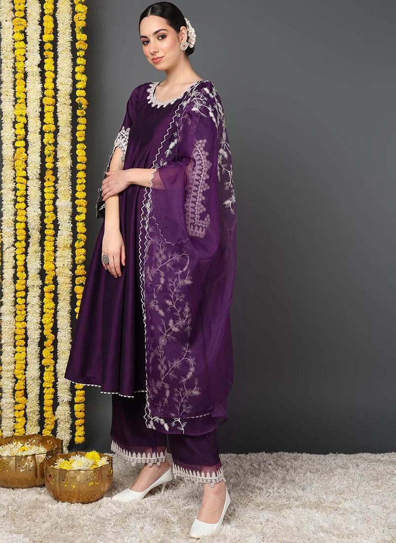 ZERESOUQ Purple Silk Blend Solid Embroidered Flared Kurta Set