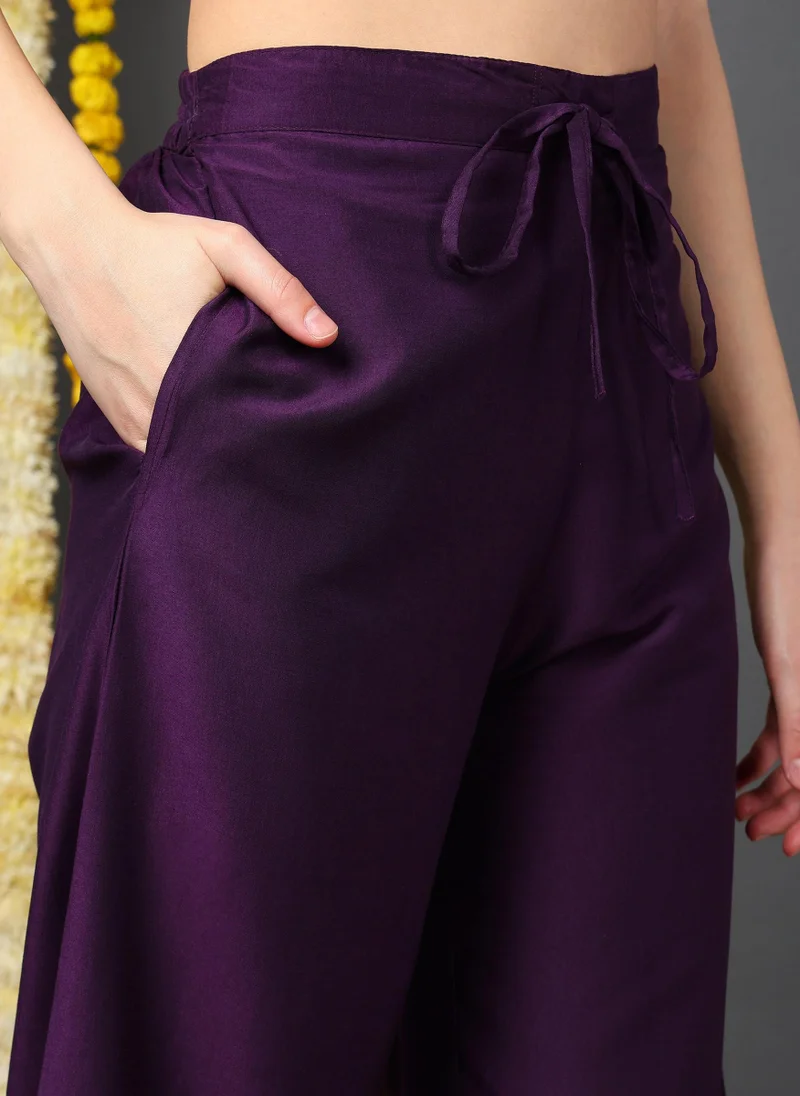 ZERESOUQ Purple Silk Blend Solid Embroidered Flared Kurta Set