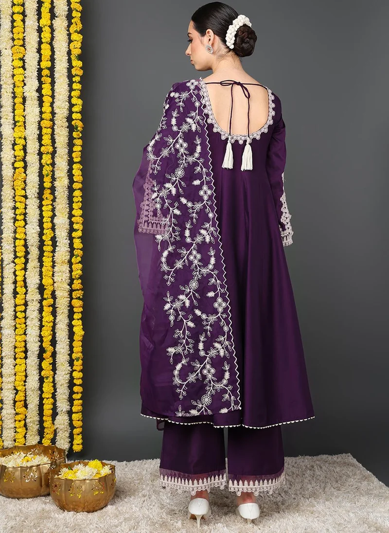 ZERESOUQ Purple Silk Blend Solid Embroidered Flared Kurta Set