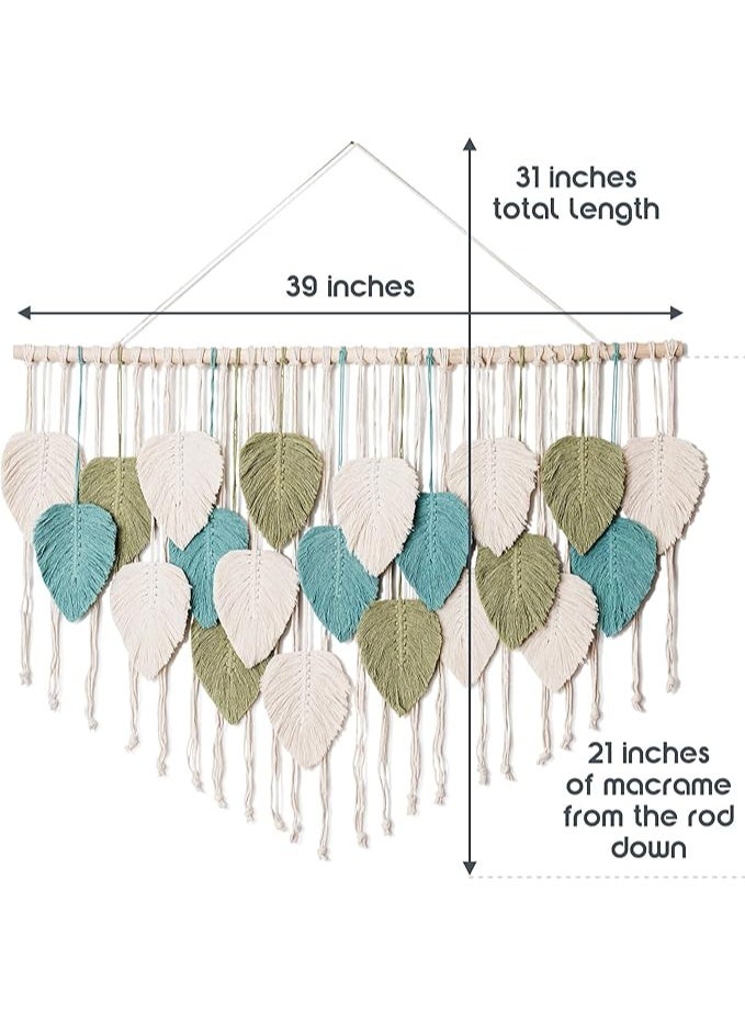 Antikiano Macrame feather Wall Hanging Boho Leaves Macrame Tapestry Wall Decor Handmade Green and beige 100x 70 cm - Image 2
