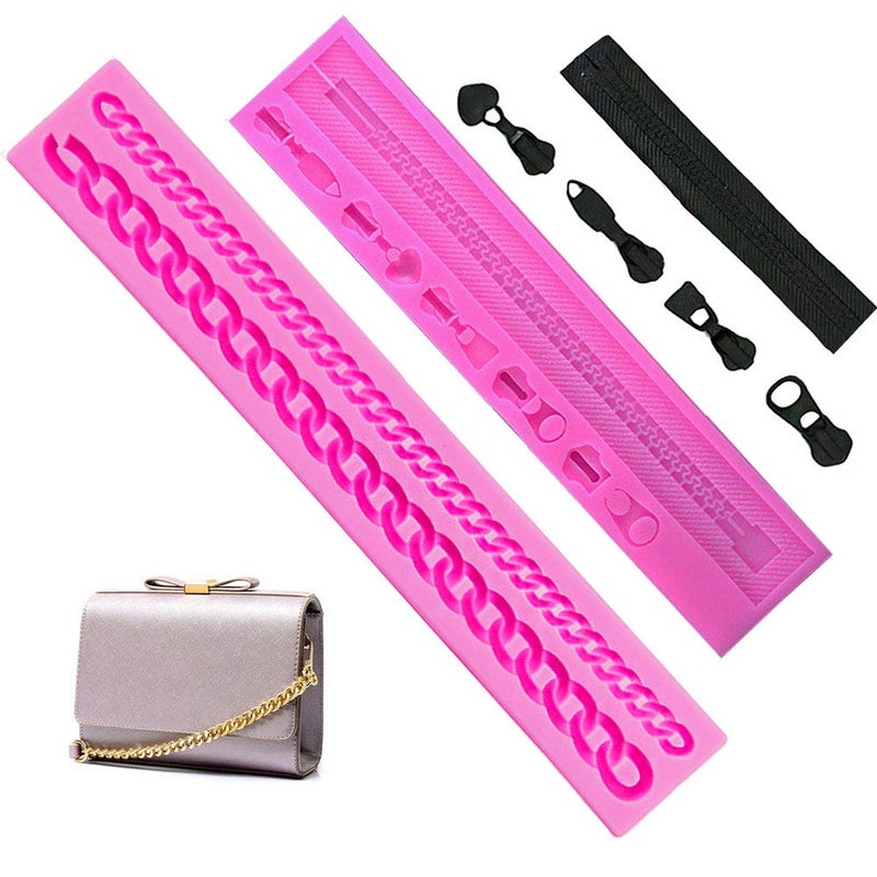 KuuGuu 2 PACK Zipper Chain Silicone Mold Realistic Chain Cake Fondant Mold Purse Bag Cake Decorating Mould for DIY Cake Border Decoration, Cupcake Topper, Jewelry, Polymer Clay, Crafting Projects - Image 1