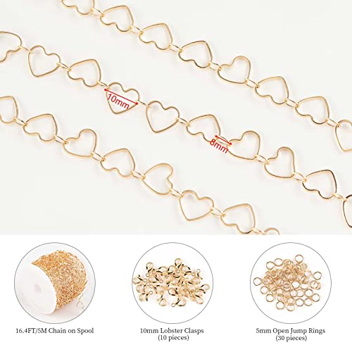 KYUNHOO 5M KC Gold Plated Jewelry Making Chains Link Heart Chains Bulk on Spool Jewelry Supplies Findings Chain Roll with Jump Rings and Lobster Claps - Image 2