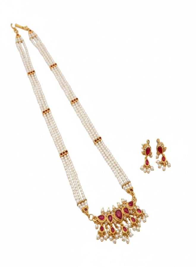 AAIKU Traditional Maharashtrian Tanamani Moti Necklace with Pair of Earrings Set for Women & Girls Adjustable Jewelry long 30 Inch (Pink) (Pink) - Image 1