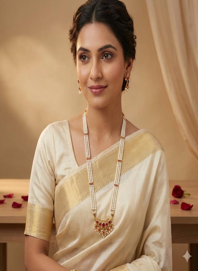 AAIKU Traditional Maharashtrian Tanamani Moti Necklace with Pair of Earrings Set for Women & Girls Adjustable Jewelry long 30 Inch (Pink) (Pink) - Image 5