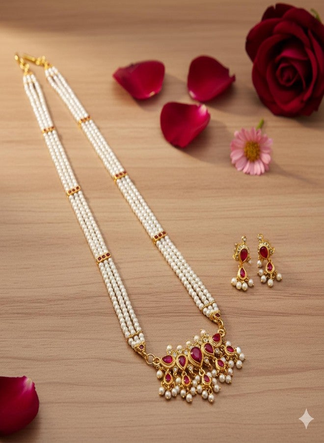 AAIKU Traditional Maharashtrian Tanamani Moti Necklace with Pair of Earrings Set for Women & Girls Adjustable Jewelry long 30 Inch (Pink) (Pink) - Image 4