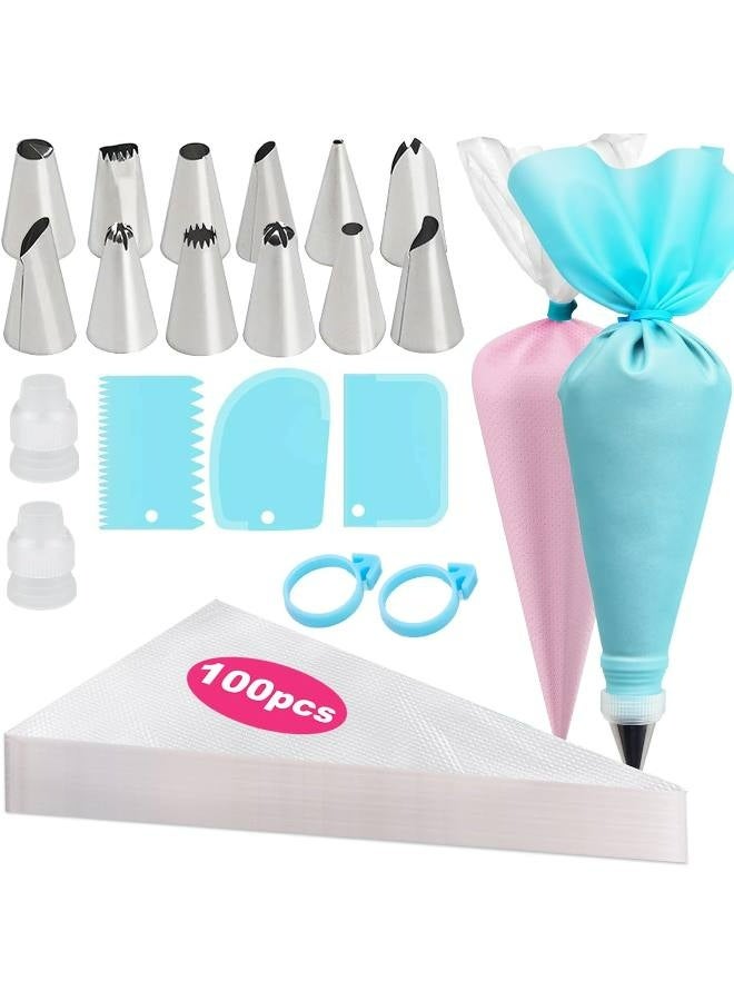 Piping Bags and Tips Set, Cakes Decorating Supplies Kit with 100pcs 12 Inch Pastry Bags, 12Piping Tips, 3 Cake Scraper, 2 Couplers, 2 Bag Ties, Simple and Convenient Baking Supplies Set - Image 1
