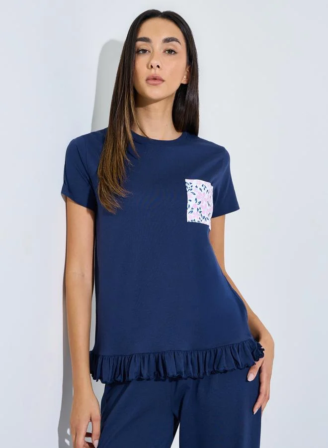 Styli FLORAL PRINT POCKET RUFFLE SLEEVE TEE & PJ SET