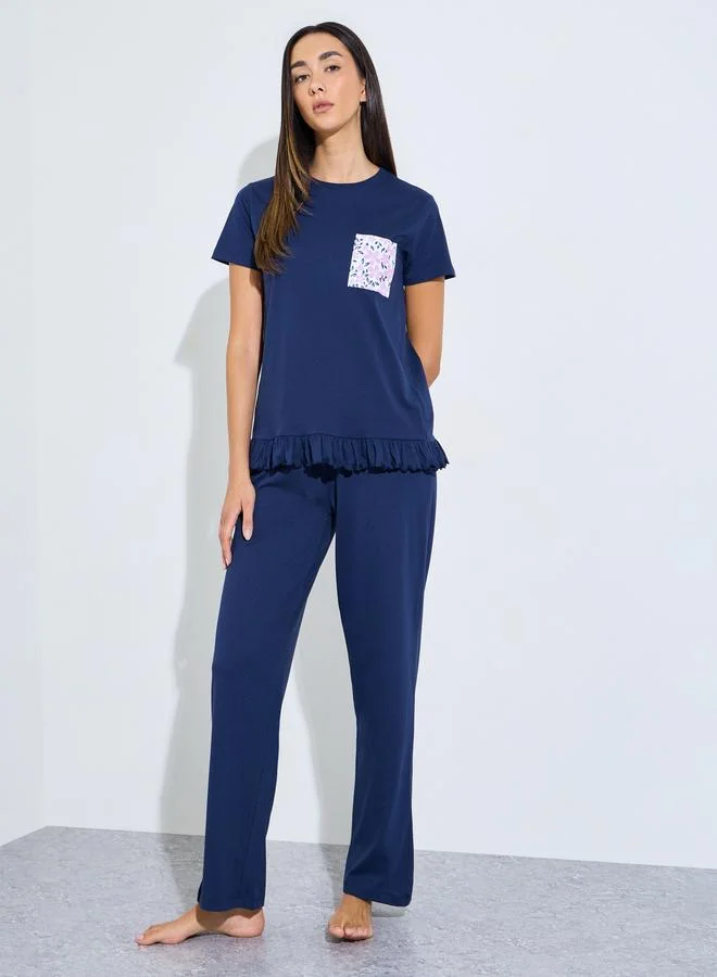 Styli FLORAL PRINT POCKET RUFFLE SLEEVE TEE & PJ SET