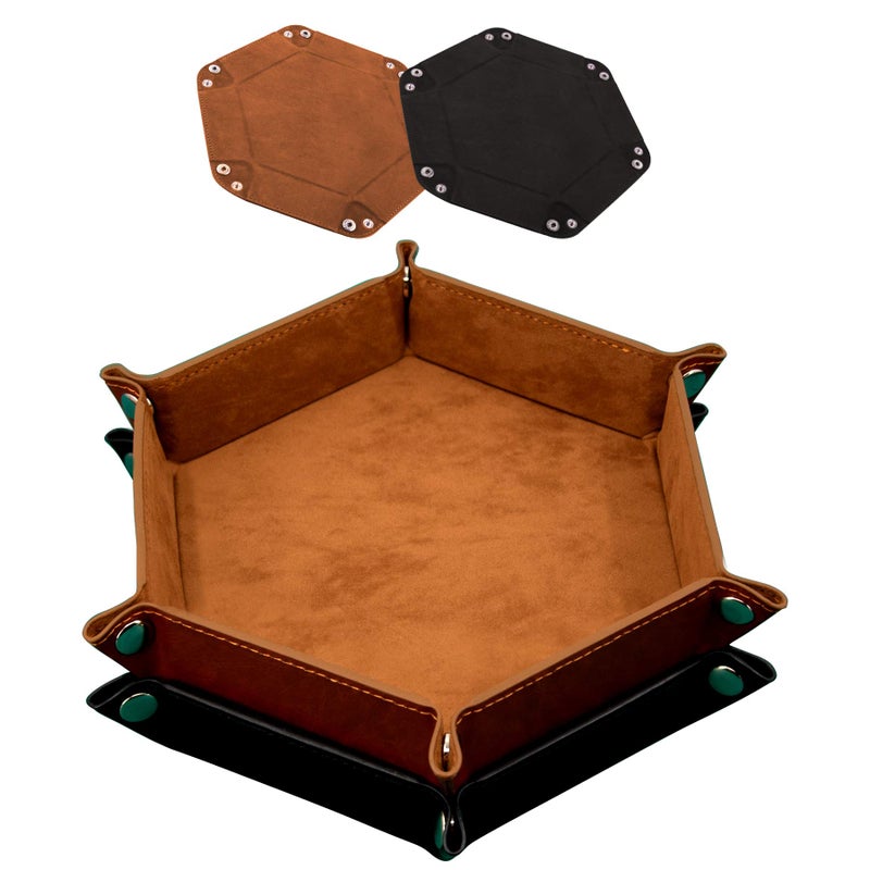 SIQUK 2Piece Dice Tray  PU Leather Folding Hexagon Dice Holder for RPG DND and Other Table Games Camel and Black