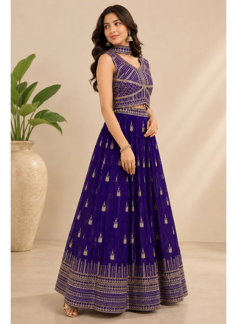 Lehar Violet Printed Lehenga Set with Embellished Sleeveless Blouse & Dupatta