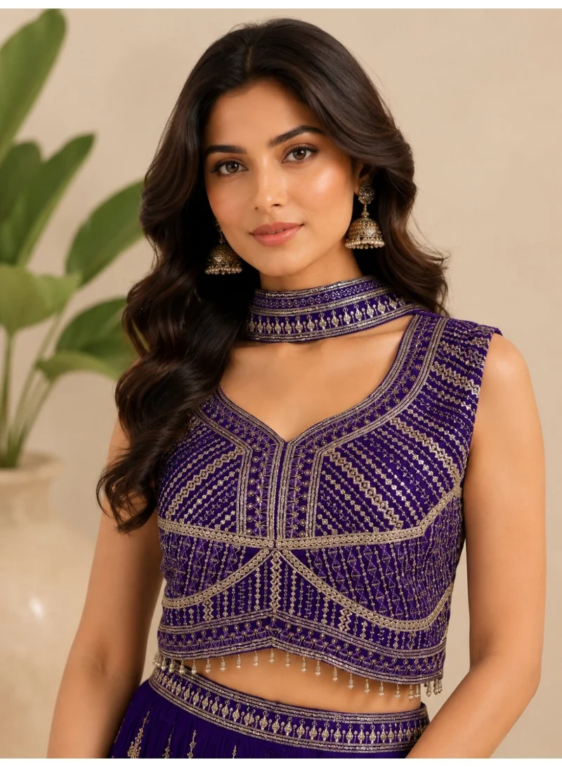 Lehar Violet Printed Lehenga Set with Embellished Sleeveless Blouse & Dupatta