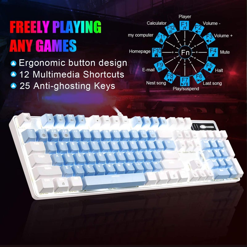 MageGee Mechanical Gaming Keyboard, New Upgraded Blue Switch 104 Keys White Backlit Keyboards, USB Wired Mechanical Computer Keyboard for Laptop, Desktop, PC Gamers(White & Blue) - Image 4
