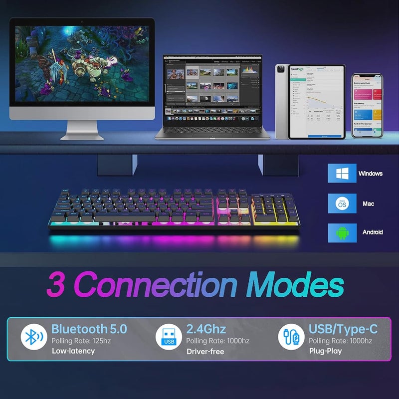 Three-Mode Mechanical Keyboard (Wired/Bluetooth/2.4G) 104-Key RGB Backlit Gaming Keyboard with Hot-Swappable Red Switches, DIY Detachable Cover, Full N-Key Rollover, ABS Keycaps - Image 3