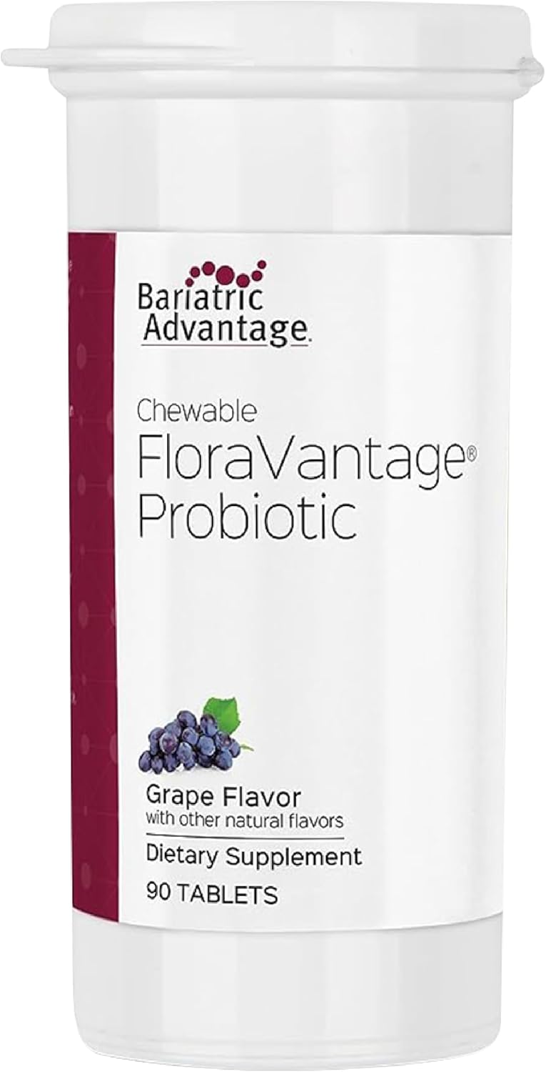 Bariatric Advantage Chewable FloraVantage Probiotic  10 Billion CFUs  Probiotic Supplement  for Gut Health  Immune System  Vegetarian  Gluten Free  Grape Flavor  90 Tablets - Image 1