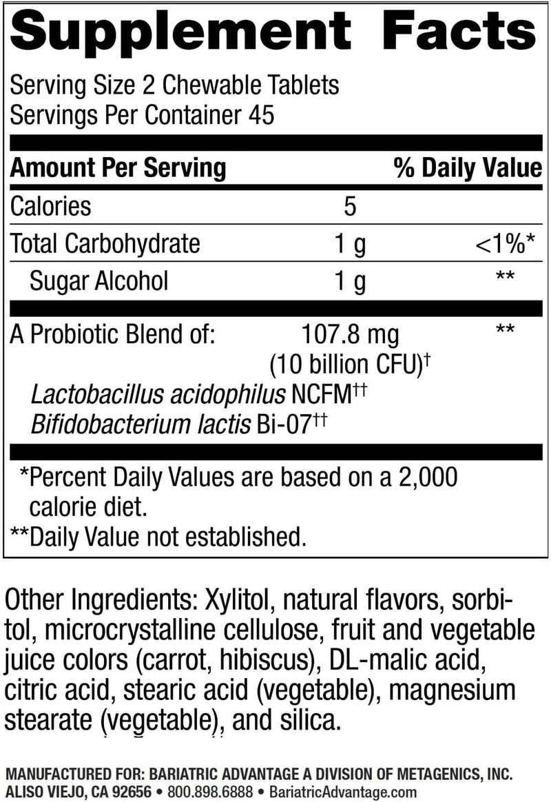 Bariatric Advantage Chewable FloraVantage Probiotic  10 Billion CFUs  Probiotic Supplement  for Gut Health  Immune System  Vegetarian  Gluten Free  Grape Flavor  90 Tablets - Image 2