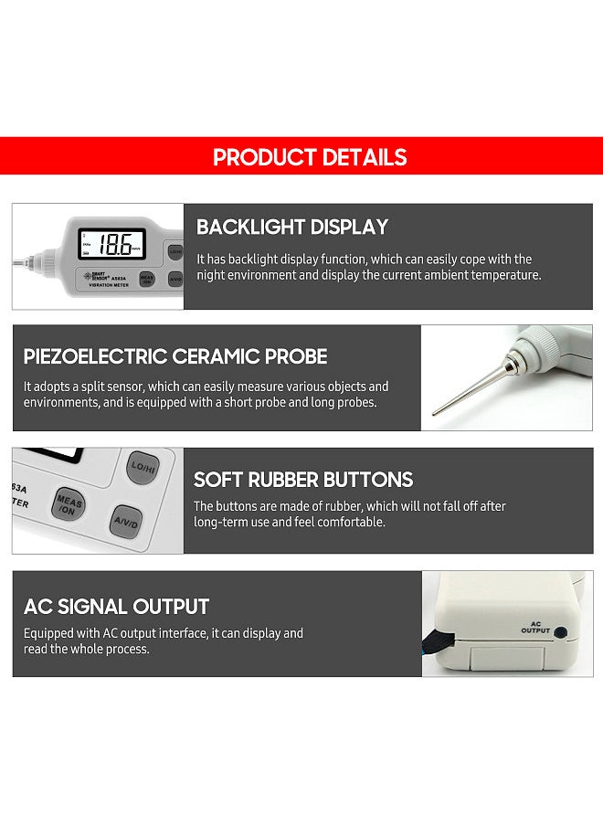 SMART SENSOR - AS63A Digital Vibration Meter with LCD Screen Vibration Analyzer Tester AC Output Acceleration / Velocity / Displacement Measurement - Image 1