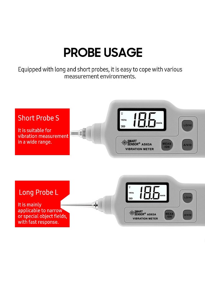 SMART SENSOR AS63A Digital Vibration Meter with LCD Screen Vibration Analyzer Tester AC Output Acceleration / Velocity / Displacement Measurement  - Image 2