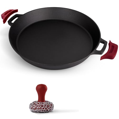 Cuisinel Cast Iron Skillet + Chainmail Scrubber Cleaner - 17"-Inch Dual Handle Braiser Frying Pan + Silicone Handle Covers - Pre-Seasoned Oven, Grill, BBQ, Stovetop, Fire Cookware - Indoor/Outdoor Use - Image 1