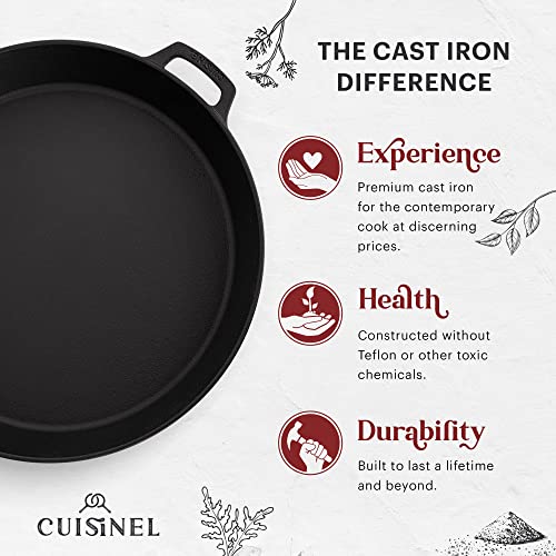 Cuisinel Cast Iron Skillet + Chainmail Scrubber Cleaner - 17"-Inch Dual Handle Braiser Frying Pan + Silicone Handle Covers - Pre-Seasoned Oven, Grill, BBQ, Stovetop, Fire Cookware - Indoor/Outdoor Use - Image 2