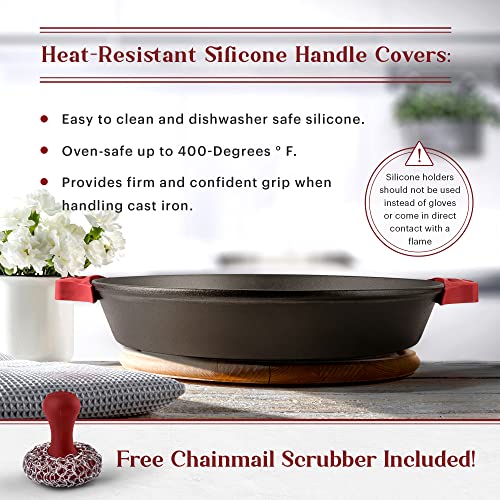 Cuisinel Cast Iron Skillet + Chainmail Scrubber Cleaner - 17"-Inch Dual Handle Braiser Frying Pan + Silicone Handle Covers - Pre-Seasoned Oven, Grill, BBQ, Stovetop, Fire Cookware - Indoor/Outdoor Use - Image 3