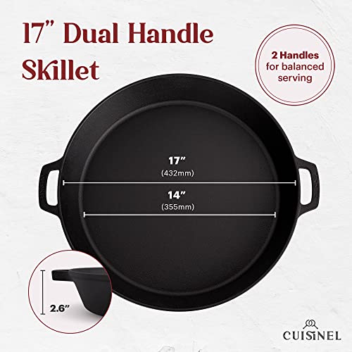 Cuisinel Cast Iron Skillet + Chainmail Scrubber Cleaner - 17"-Inch Dual Handle Braiser Frying Pan + Silicone Handle Covers - Pre-Seasoned Oven, Grill, BBQ, Stovetop, Fire Cookware - Indoor/Outdoor Use - Image 5