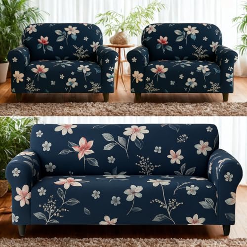 Homerz Premium 5 (3+1+1) Seater Universal Elastic fit Sofa Cover Fully Covered, Non-Slip Sticky Elastic Stretchable Sofa Set Slipcover Protector (Blue Floral, 5 (3+1+1) Seater) - Image 1