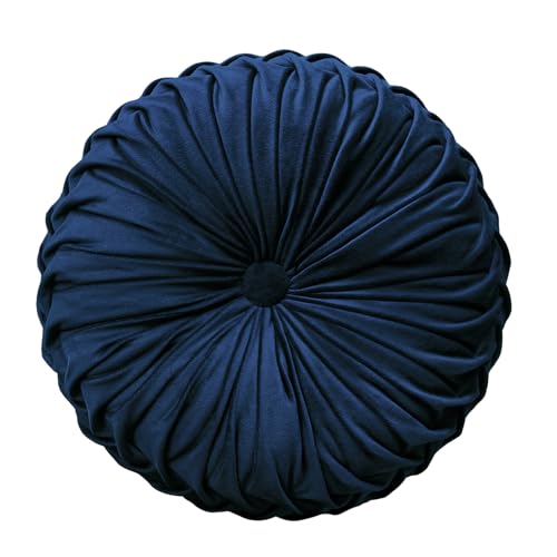 Teieas Round Throw Pillow Velvet Home Decoration Pleated Round Pillow Cushion for Couch Chair Bed Car (Navy Blue) - Image 1