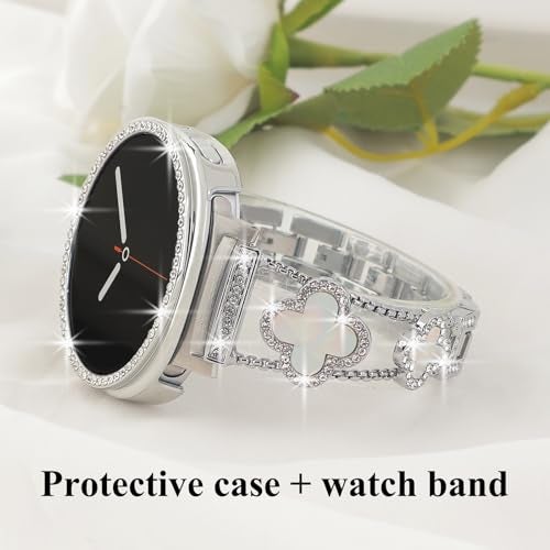 Alociaga Bling Band with Case Compatible for Samsung Galaxy Watch 8 40mm 44mm, Women Diamond Leaf Clover Metal Bracelet Rhinestone Strap with Protector Case(Silver,40mm) - Image 3