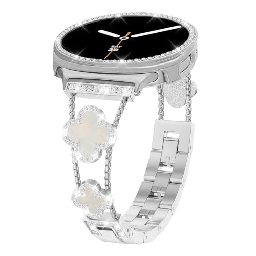 Alociaga Bling Band with Case Compatible for Samsung Galaxy Watch 8 40mm 44mm, Women Diamond Leaf Clover Metal Bracelet Rhinestone Strap with Protector Case(Silver,40mm) - Image 1