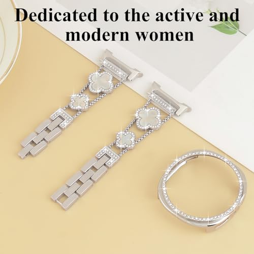 Alociaga Bling Band with Case Compatible for Samsung Galaxy Watch 8 40mm 44mm, Women Diamond Leaf Clover Metal Bracelet Rhinestone Strap with Protector Case(Silver,40mm) - Image 4