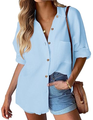 HOTOUCH Linen Shirts for Women Button Down Long Sleeve Loose Blouses Cotton Gauze V Neck Casual Business Tops Blue S - Image 1
