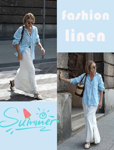 HOTOUCH Linen Shirts for Women Button Down Long Sleeve Loose Blouses Cotton Gauze V Neck Casual Business Tops Blue S - Image 3