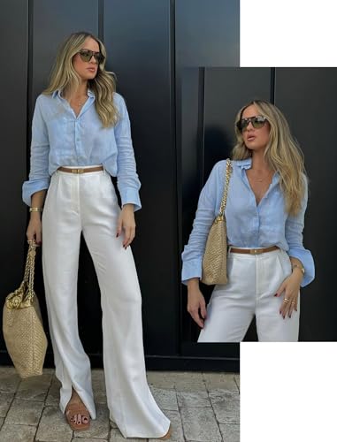 HOTOUCH Linen Shirts for Women Button Down Long Sleeve Loose Blouses Cotton Gauze V Neck Casual Business Tops Blue S - Image 4