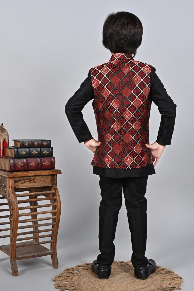 AHHAAAA Kids Ethnic Silk Blend Waistcoat Kurta Pyjama 3 Piece Sherwani Set For Boys |Red 6-7 Years| - Image 3