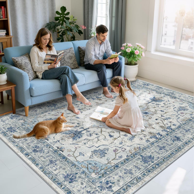 RELEANY Area Rugs 6'x9' Washable Non-Slip, Floral Vintage Distress Print Pattern Medallion Carpet for Living Room Bedroom Dining Room, Light Blue Navy Beige Gray White - Image 3