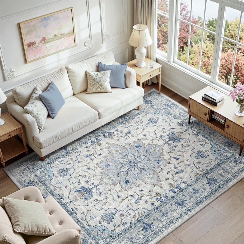 RELEANY Area Rugs 6'x9' Washable Non-Slip, Floral Vintage Distress Print Pattern Medallion Carpet for Living Room Bedroom Dining Room, Light Blue Navy Beige Gray White - Image 1