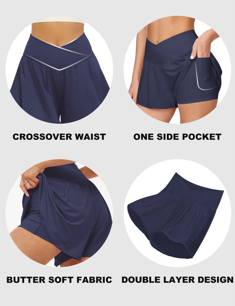 FireSwan Crossover Athletic Shorts for Women 2 in 1 Flowy Running Shorts with Pockets Spandex Butterfly Workout Tennis Skorts Navy Blue - Image 4