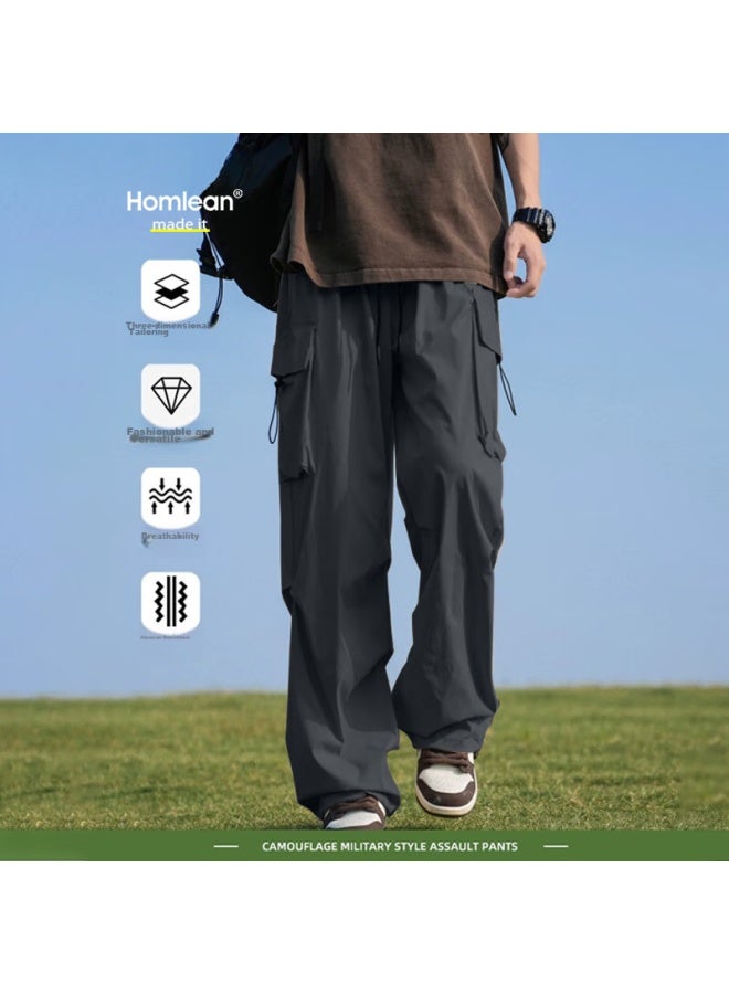 Homlean American-style Functional Paratrooper Cargo Pants For Men, Spring And Summer Loose-fit Niche Wide-leg Casual Hiking Trousers S6603 Dark Gray M - Image 1