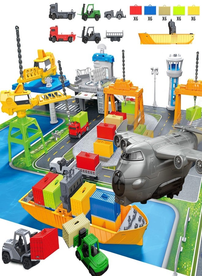 Frontoytall 56 Piece Cargo Ship Toy Set, Transport Containers Port Playset with Play Map, Plastic Toy Boat Crane Playset for Toddlers 3+ Years Old, Ideal Gift for Boys and Girls - Image 1