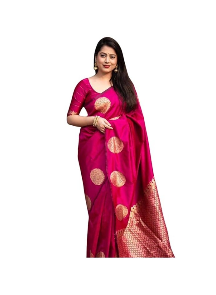 مملكة الإكسسوارات ساري نسائي من حرير باناراسي الخالص على طراز كانجيفارام مع قطعة بلوزة لحفلات الزفاف - Image 1