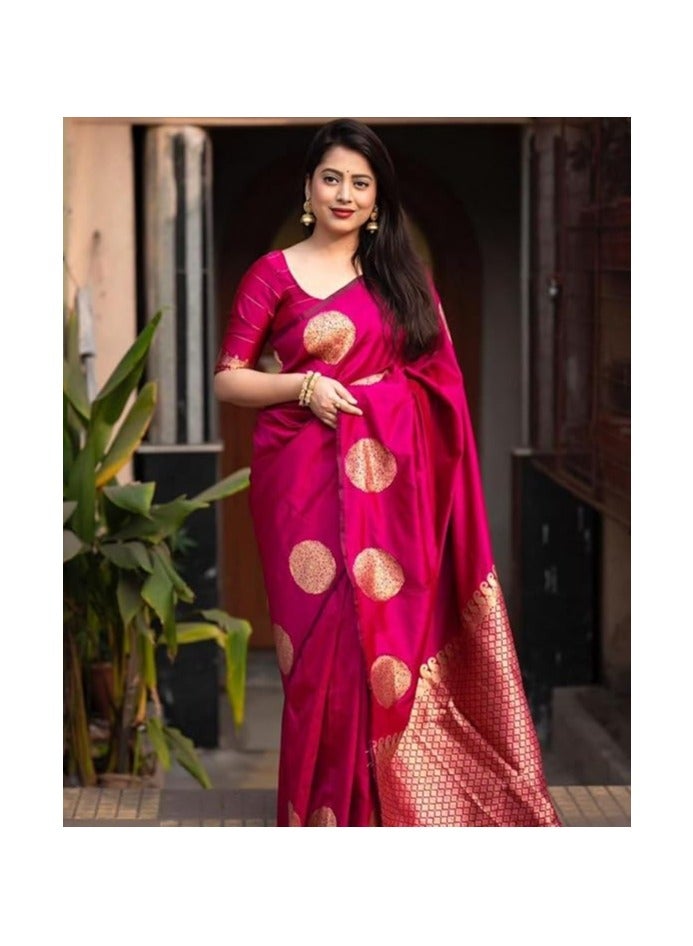 مملكة الإكسسوارات ساري نسائي من حرير باناراسي الخالص على طراز كانجيفارام مع قطعة بلوزة لحفلات الزفاف - Image 3